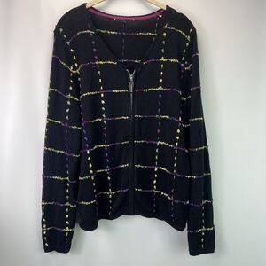Vtg Christopher & Banks Black Zip Cardigan Sweater Multicolor Grid Knit Size M